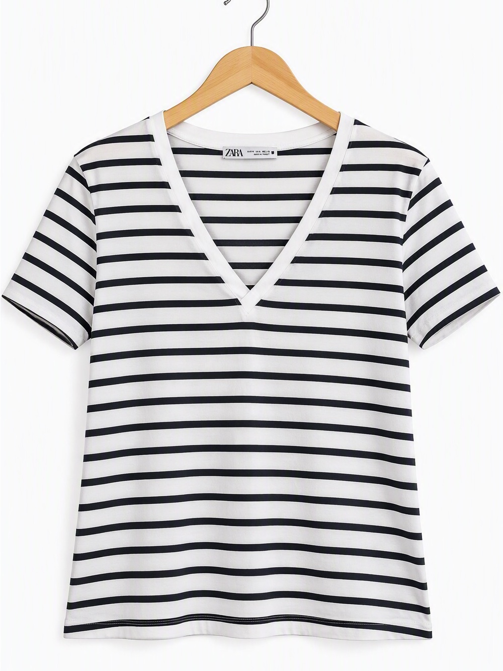 Zara White and Black Striped V-Neck Tee